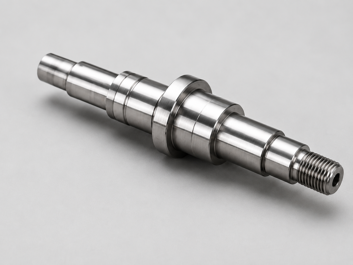 Custom CNC machined shaft with stepped diameters and threaded features