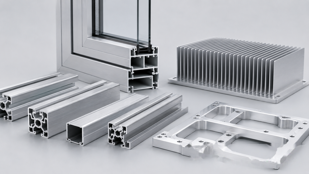 Aluminum extrusion profiles, heat sink and machined frame part